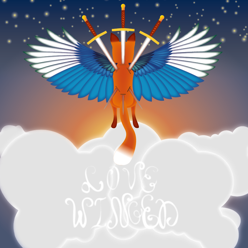 Lovewinged Logo with an illustration of a fox with magpie wings flying above the clouds